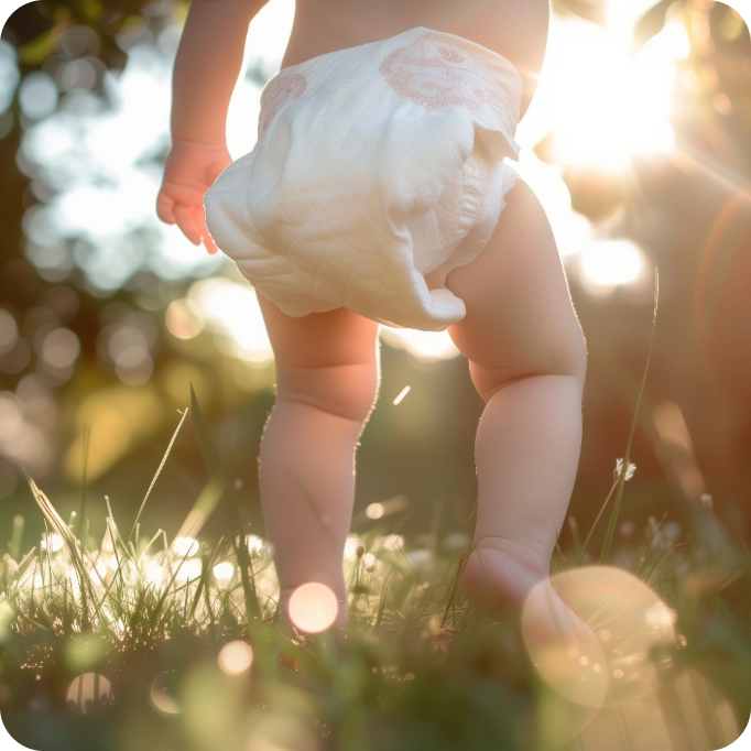 Baby mit Windel auf einer Wiese