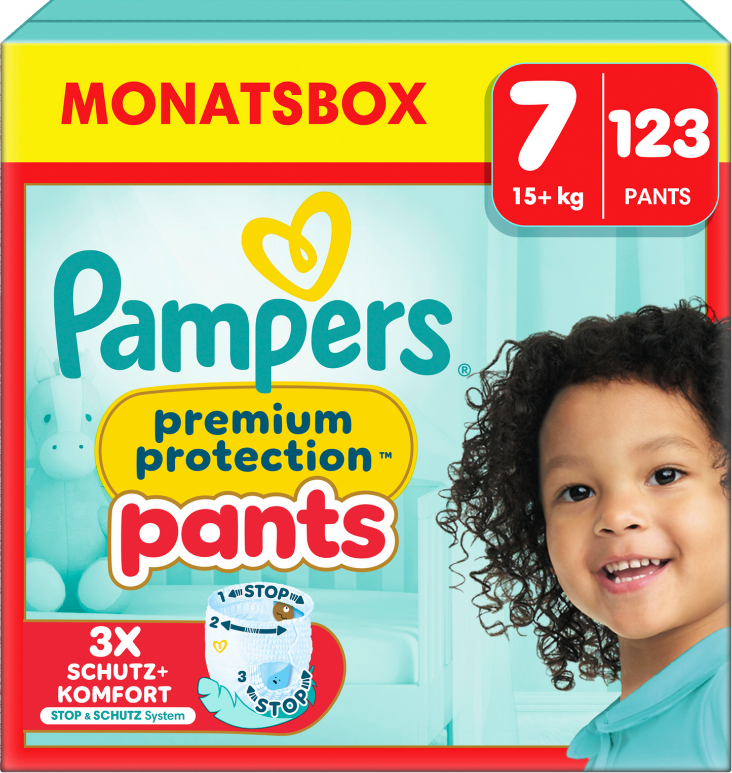 Pampers Premium Protection Pants T7 XXL 15+kg (123 pces) pack mensuel