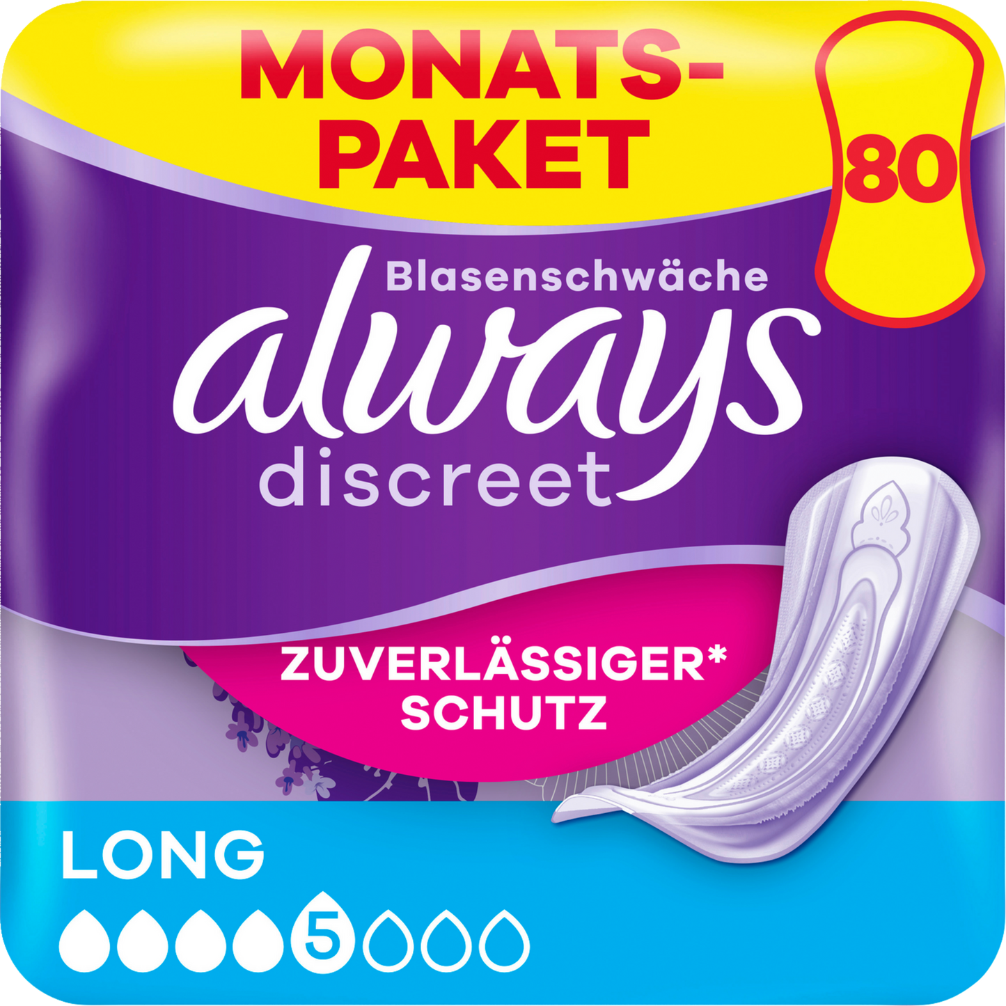 Always Discreet Protections Incontinence Long (80 pcs) Paquet Mensuel