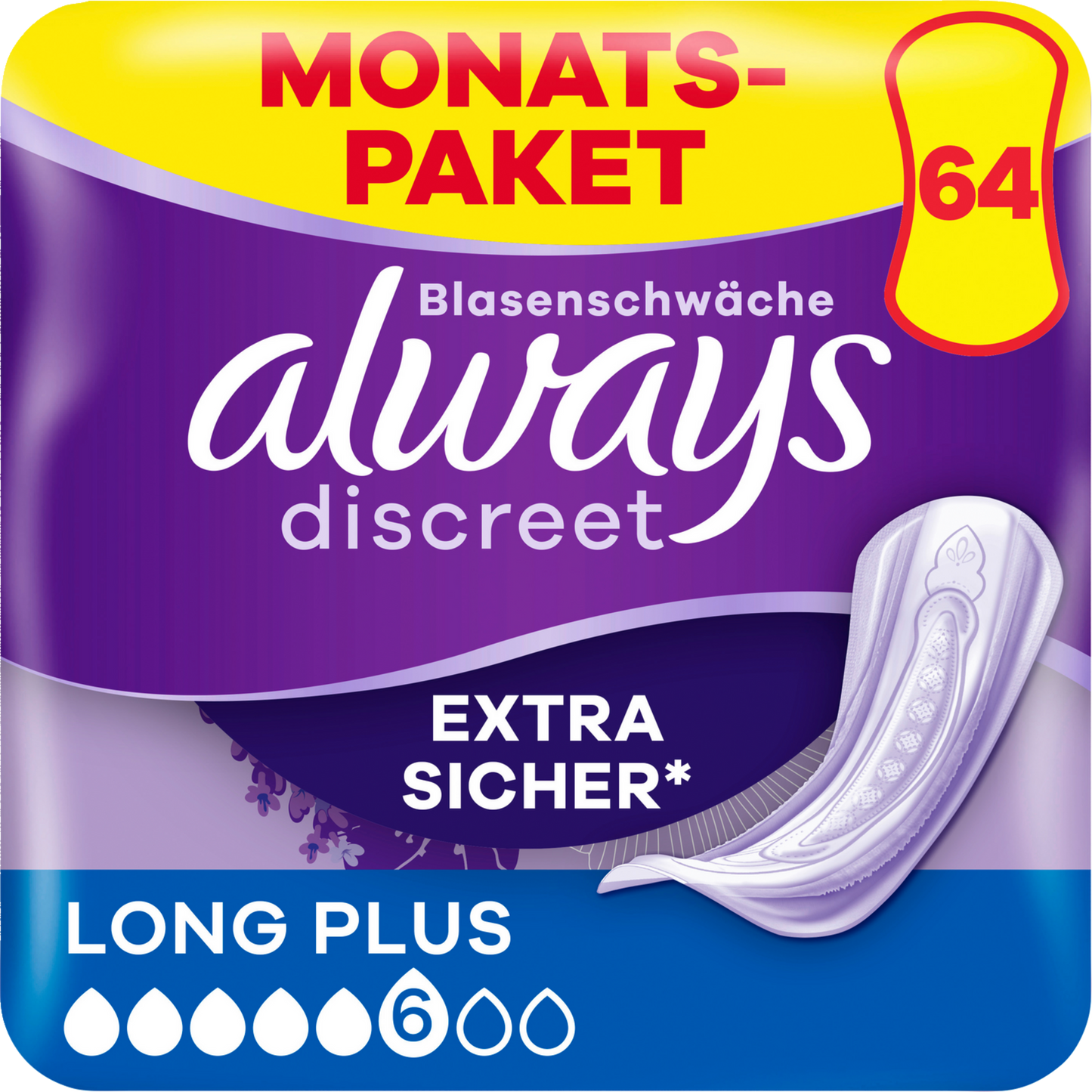 Always Discreet Protections Incontinence Long Plus (64 pcs) Paquet Mensuel