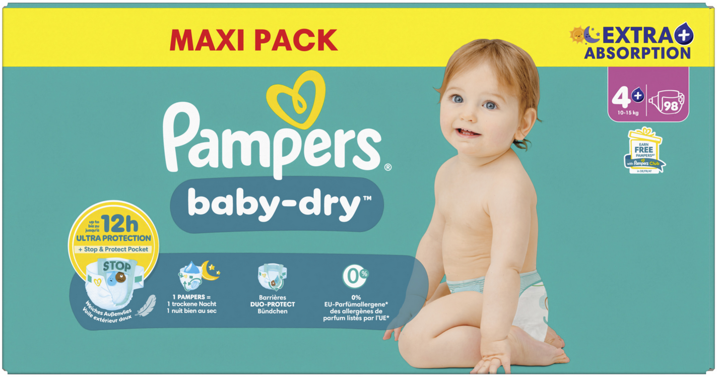 Pampers Baby-Dry T4+ Maxi Plus 10-15kg (98 pces) Maxi Pack