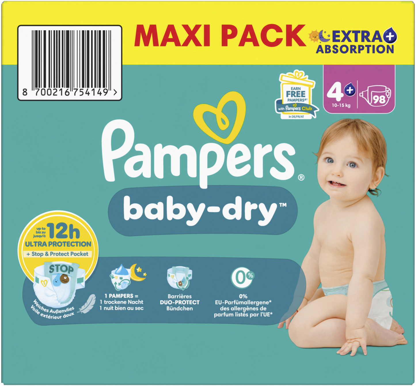 Pampers Baby-Dry T4+ Maxi Plus 10-15kg (98 pces) Maxi Pack