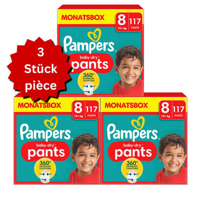 Pampers Baby-Dry PANTS T8 XXXL 19+kg (3x117 pces) PROMOTION 3 boîtes mensuelles