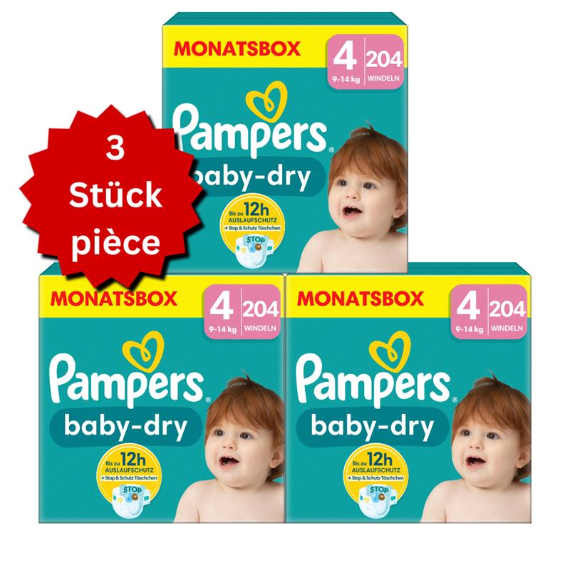 Pampers Baby-Dry T4 Maxi 9-14kg (3x204 pces) PROMOTION 3 boîtes mensuelles