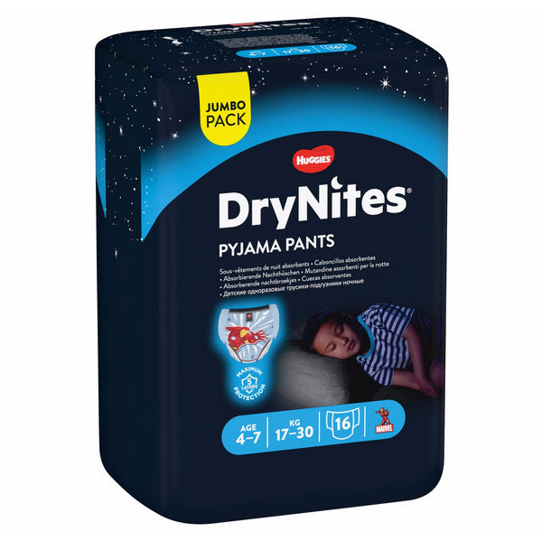 Huggies DryNites® culottes pour la nuit 4-7 ans (17-30 kg) garçon (4x16 pces) Jumbopack