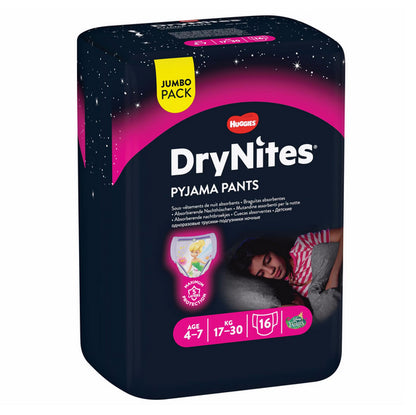 Huggies DryNites® culottes pour la nuit 4-7 ans (17-30 kg) fille (4x16 pces) Jumbopack