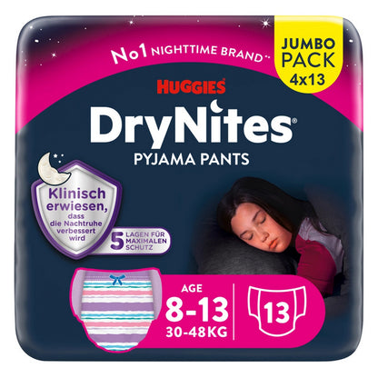 Huggies DryNites® culottes pour la nuit 8-13 ans (30-48 kg) fille (4x13 pces) Jumbopack