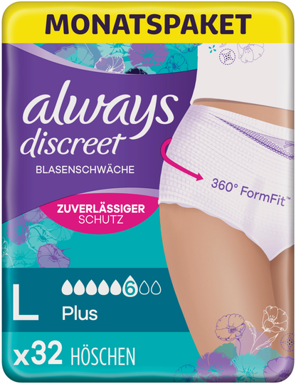 Always Discreet Plus Culottes d'incontinence TL (32 pcs) Paquet Mensuel