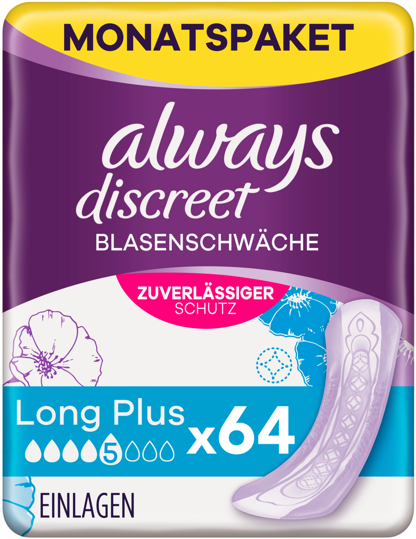 Always Discreet Protections Incontinence Long Plus (64 pcs) Paquet Mensuel