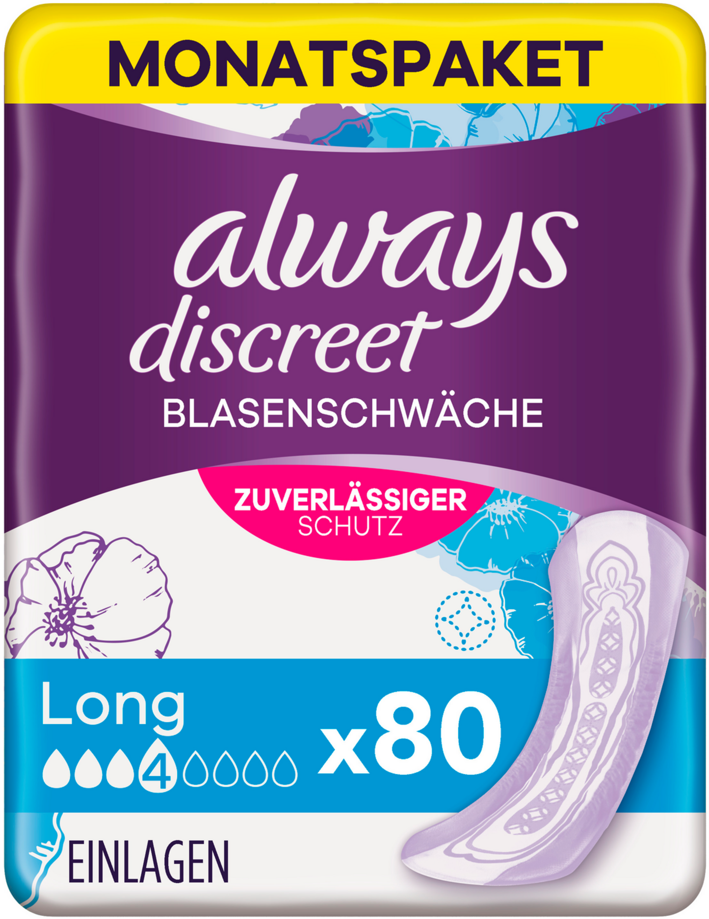 Always Discreet Protections Incontinence Long (80 pcs) Paquet Mensuel