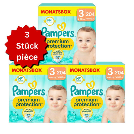 Pampers Premium Protection T3 Midi 6-10kg (3x204 pces) PROMOTION 3 boîtes mensuelles