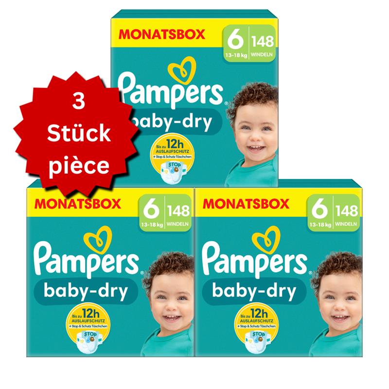 Pampers Baby-Dry T6 Extra Large 13-18kg (3x148 pces) PROMOTION 3 boîtes mensuelles