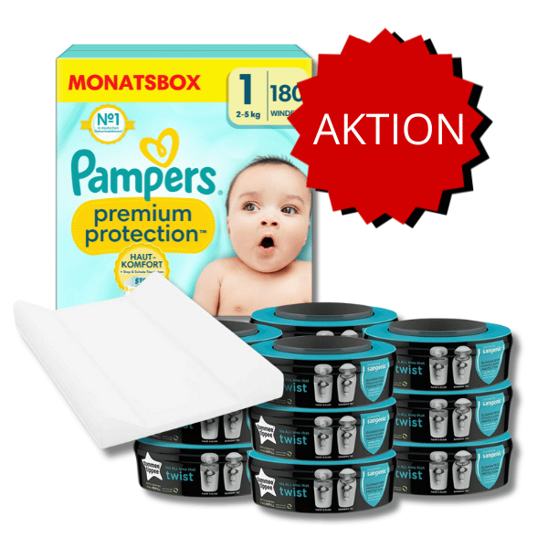 Ensemble nouveau-né : Pampers Premium Protection Pack mensuel T1 + cassettes Sangénic + matelas à langer