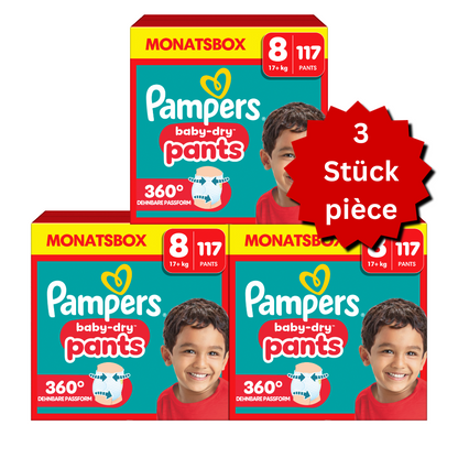 Pampers Baby-Dry PANTS T8 XXXL 17+kg (3x117 pces) PROMOTION 3 boîtes mensuelles