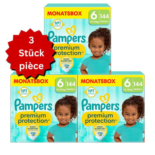 Pampers Premium Protection T6 XL 13+kg (3x144 pces) PROMOTION 3 boîtes mensuelles