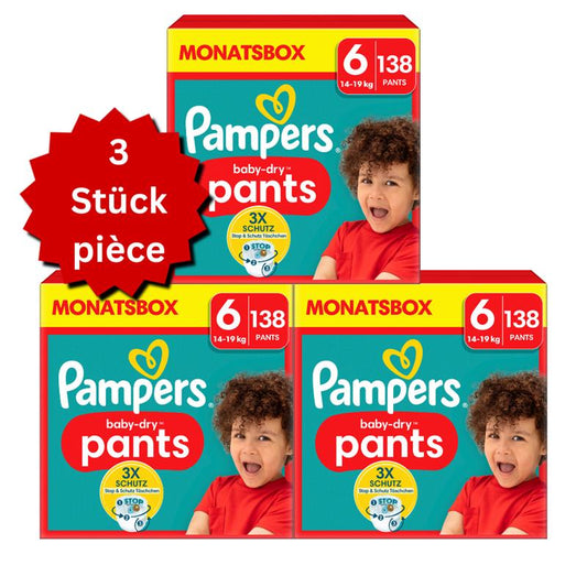 Pampers Baby-Dry PANTS T6 XL 14-19kg (3x138 pces) PROMOTION 3 boîtes mensuelles