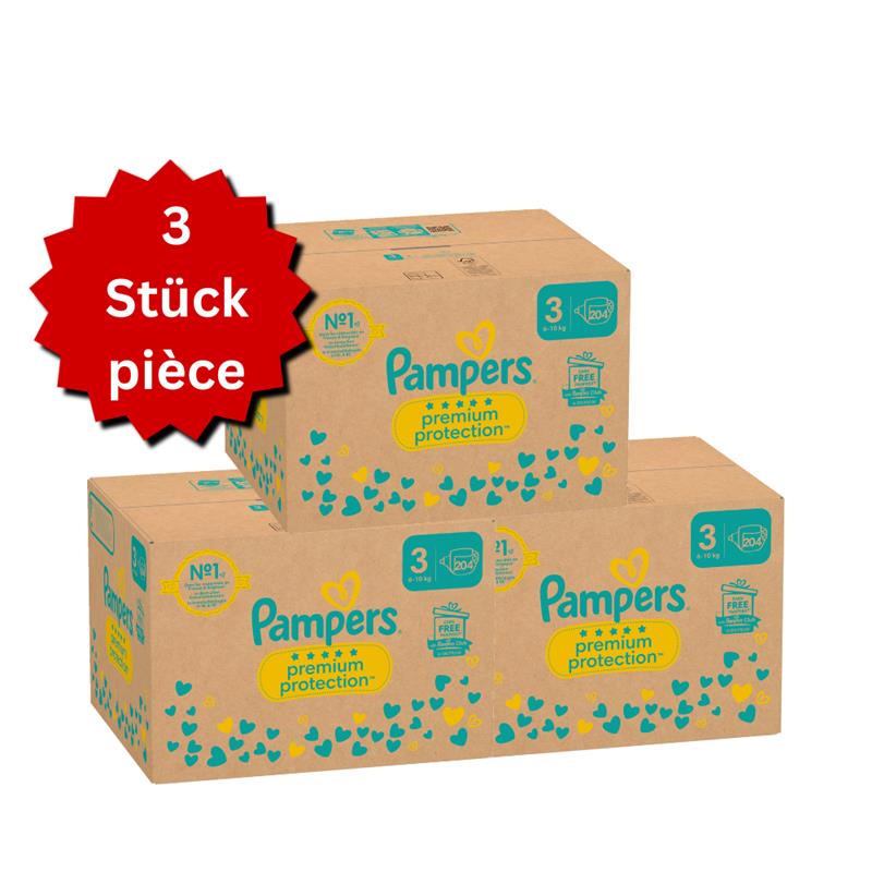 Pampers Premium Protection T3 Midi 6-10kg (3x204 pces) PROMOTION 3 boîtes mensuelles