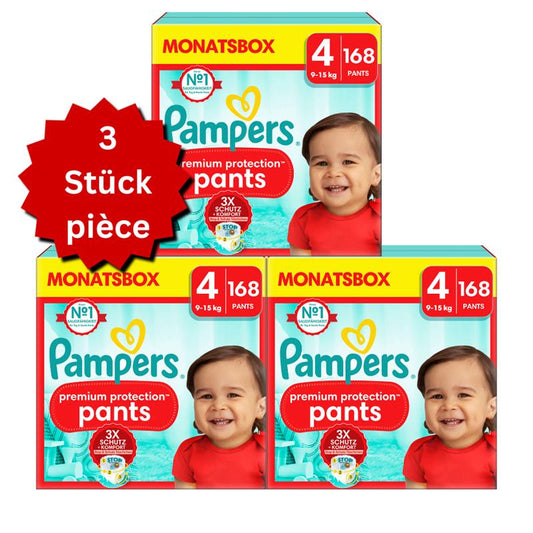 Pampers Premium Protection Pants T4 Maxi 9-15kg (3x168 pces) PROMOTION 3 boîtes mensuelles