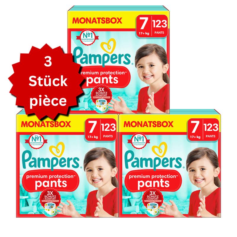 Pampers Premium Protection Pants T7 XXL 17+kg (3x123 pces) PROMOTION 3 boîtes mensuelles