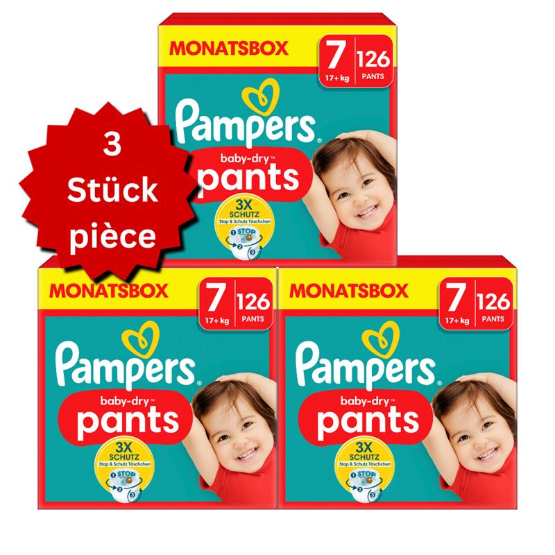 Pampers Baby-Dry PANTS T7 XXL +17kg (3x126 pces) PROMOTION 3 boîtes mensuelles